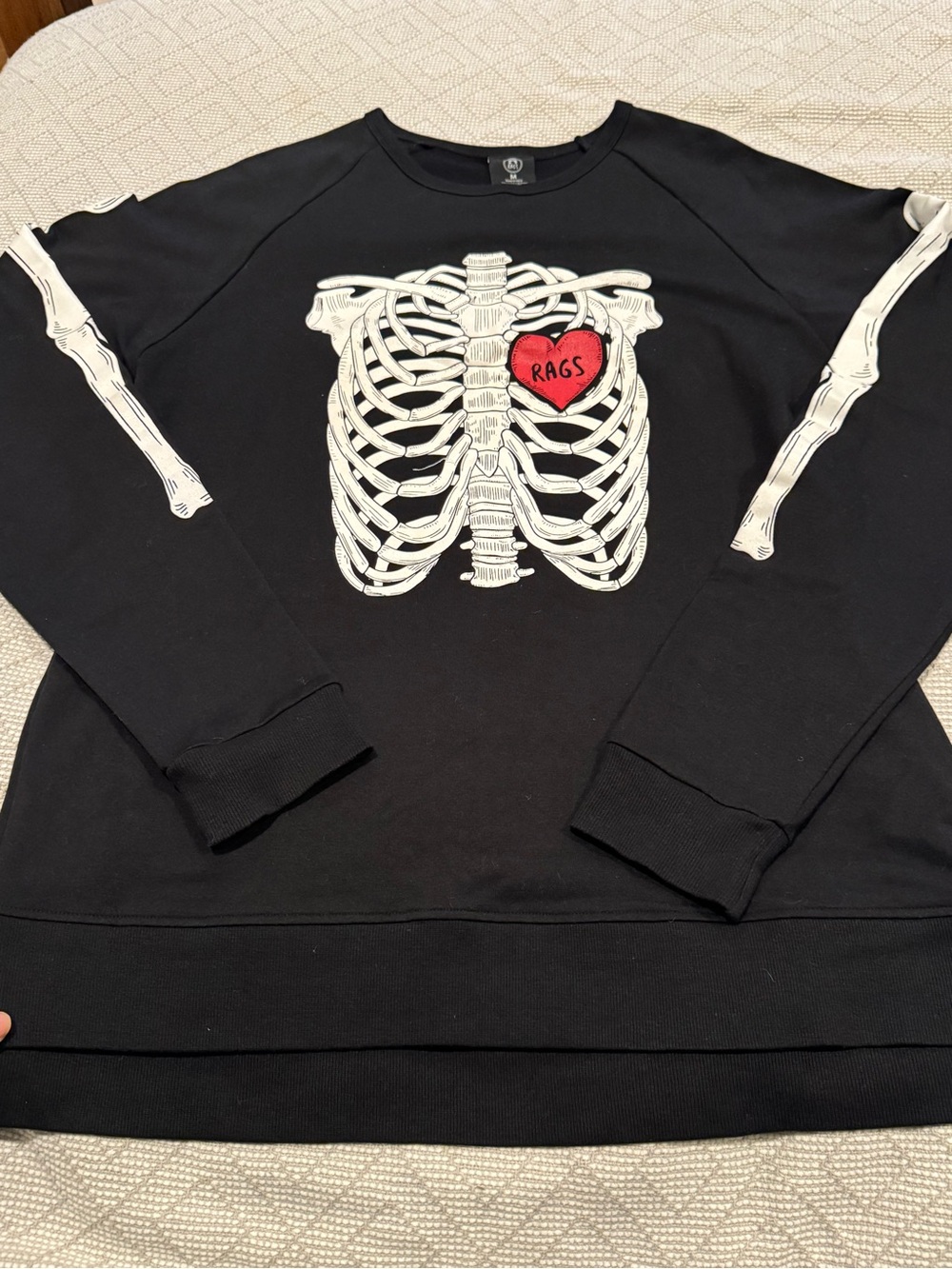 Rags Black Crewneck Sweatshirt with Skeleton Ribcage Graphic